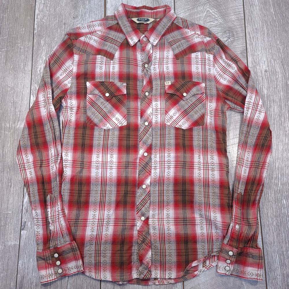 Salt Valley Western Shirt Mens Medium Red Plaid Pearl Snap Tribal Embroidered